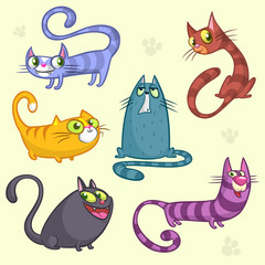  Funny cartoon and vector cats characters. Vector set of colorful cats. Cat breeds cute pet animal collection.  Isolated objects