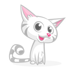 Pretty white cat cartoon with fluffy tail. Vector illustration