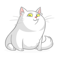 Cartoon pretty white fat cat sitting. Fat  cat illustration isolated