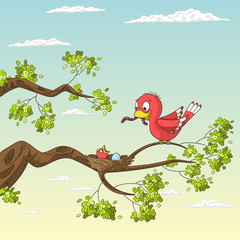 A Bird is feeding his chick with a worm. Hand drawn vector illustration.