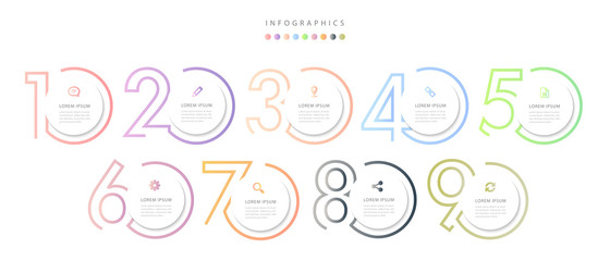Vector infographic design UI template colorful gradient 9 number labels and icons