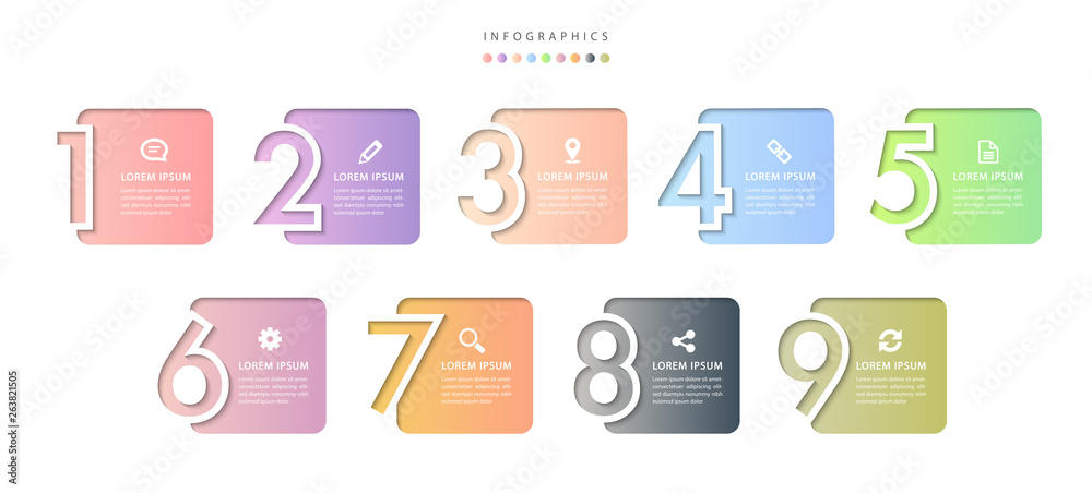 Wall mural vector infographic design ui template colorful gradient 9 relief number labels and icons