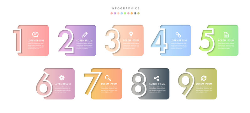 Vector infographic design UI template colorful gradient 9 relief number labels and icons