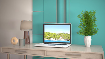 Computer on office table. 3d illustration