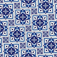 Gordijnen Delfts Nederlands tegelpatroon naadloze vector met vintage ornamenten. Portugese azulejos, Mexicaans talavera, Italiaans Sicilië majolica, Spaans keramiek. Mozaïektextuur voor keukenmuur of badkamervloer. © irinelle