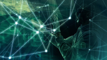 Cybercrime robot with human robot with human face hacking cybersecurity threats, future machine...