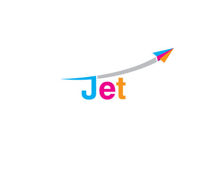 colorful word JET with paper plane flying trough