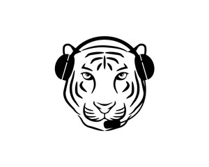 tiger head with headphone on his ears and mic in his mouth as a customer services operator
