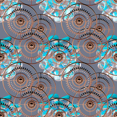 Seamless pattern of gold gears, pearls and abstract shapes. Steampunk style. 3D illustration