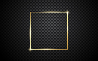 Gold shiny glowing vintage frame with shadows isolated on transparent background. Golden luxury realistic rectangle border. Vector illustration - Vector