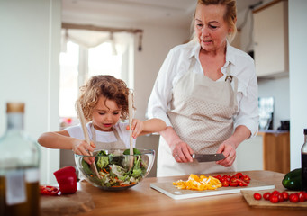 A portrait of small girl with grandmother at home, preparing vegetable salad.