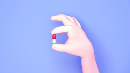 Cartoon human hand holding a pill. 3d rendering picture.