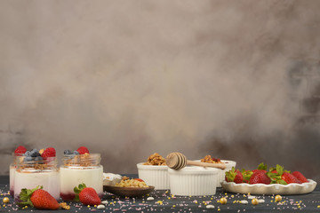 Series about granola, berry and greek yogurt suitable for a healthy breakfast, snack or dessert.