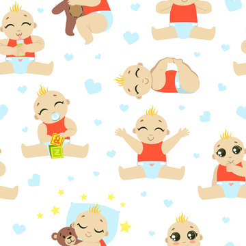 Baby Toddler Character Seamless Pattern, Cute Child in Diaper Playing, Sleeping, Eating, Design Element Can Be Used for Fabric, Wallpaper, Packaging Vector Illustration