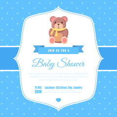 Baby Shower Invitation Template on Blue Polka Dot Background, Card with Cute Toy Teddy Bear and Place For Your Text Vector Illustration