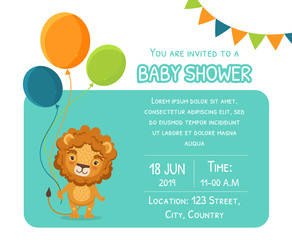 Baby Shower Invitation Template, Card with Cute Lion, Balloons and Place For Your Text, Gender Neutral Vector Illustration