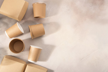 Biodegradable tableware on light background. Environmental protection. Secondary processing. The concept of zero waste.