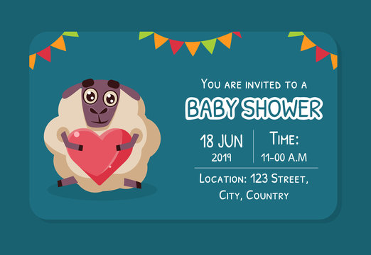 Baby Shower Invitation Template, Card With Cute Sheep And Place For Your Text, Gender Neutral Vector Illustration