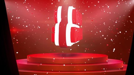 Grand Opening Text Animation on 3d Stage Podium Carpet. Reval Red Curtain With Abstract Foil Confetti Blast, Spotlight, Glitter Sparkles, Loop 4k Animation.