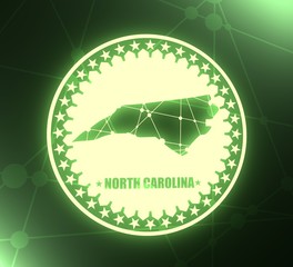 Image relative to USA travel. North Carolina state map textured by lines and dots pattern. Stamp in the shape of a circle. 3D rendering. Neon bulb illumination