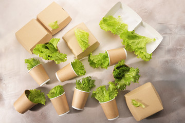 Biodegradable tableware and greens on light background. Environmental protection. Secondary processing. The concept of zero waste.