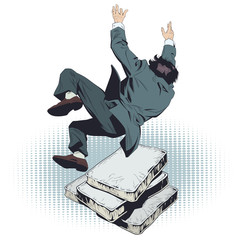 Businessman falls on soft mattresses. Stock illustration.