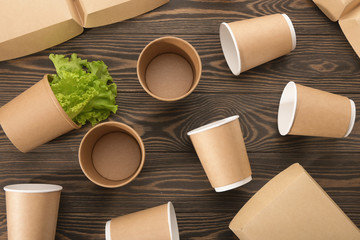 Biodegradable tableware and greens on wooden background. Environmental protection. Secondary processing. The concept of zero waste.