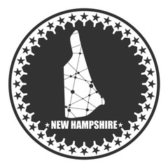 Image relative to USA travel. New Hampshire state map textured by lines and dots pattern. Stamp in the shape of a circle