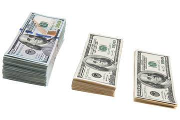Bundle of US 100 dollars bank notes isolated on white background.
