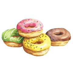 Hand drawn watercolor donuts pile isolated on white background. Delicious food illustration.