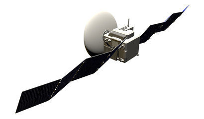 orbital satellite industrial illustration - spaceship with huge solar panels isolated on clear white background - 3D Illustration