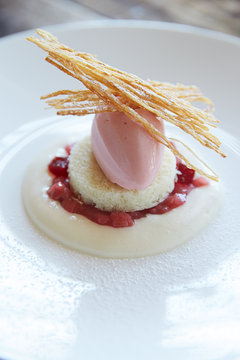Gourmet dessert with rhubarb and cake