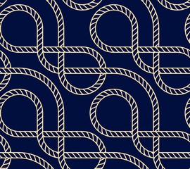 Vector naadloze achtergrond met mariene touw. Nautisch patroon donkerblauw en goud