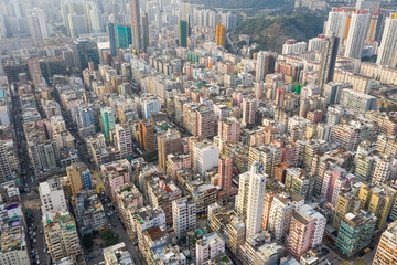 Fototapeta na wymiar Drone fly over Hong Kong downtown city