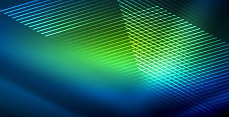 Neon glowing techno lines, blue hi-tech futuristic abstract background template with lights