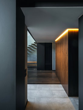 Contemporary interior of apartment with wood design