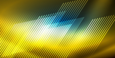 Neon glowing techno lines, blue hi-tech futuristic abstract background template with lights