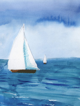 Two white sailboats in the endless blue sea under the sky. Hand-drawn watercolor illustration.