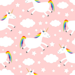 Seamless Pattern. Unicorn jumping. Cloud star in the sky. Cute cartoon kawaii funny smiling baby character. Wrapping paper, textile template. Nursery decoration Pink background Flat design