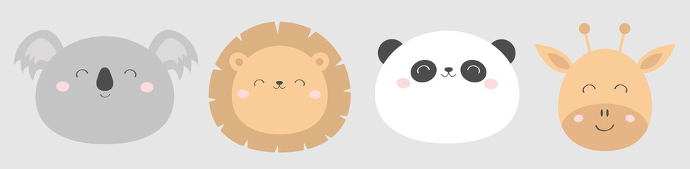 Lion Giraffe Koala Panda bearround face head line icon set. Kawaii animal. Cute cartoon character. Funny baby kids print. Love Greeting card. Flat design. White background. Isolated.