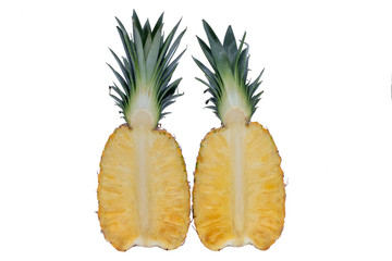 Close up of two half pineapple fruit isolated on white background with copy space for texting or wording. 