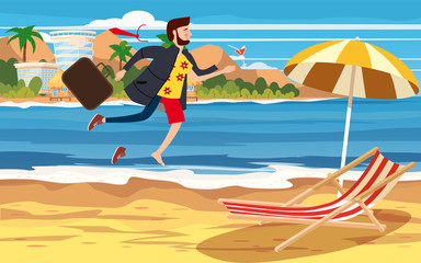 Transition to Vacation. Businessman in business clothes making the transition from a separate image from a suit and office to casual clothes on a beach holiday