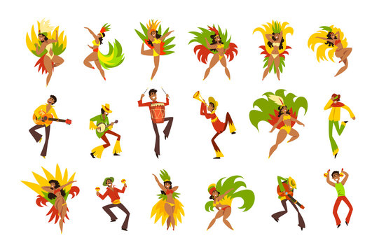 People dancing and playing music, Brazil carnival, dancing men and women in bright costumes vector Illustrations on a white background