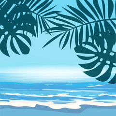 Fototapeta na wymiar Summer tropical background template with exotic palm leaves and plants