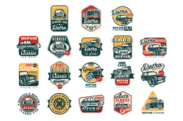 Car repair vintage style labels set, auto service logo, badge vector Illustrations on a white background © topvectors