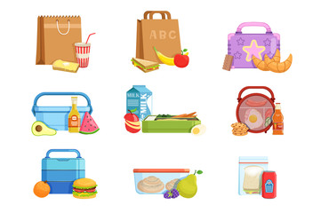 Flat vector set of school lunch boxes and bags with food and drinks. Tasty meal for kids