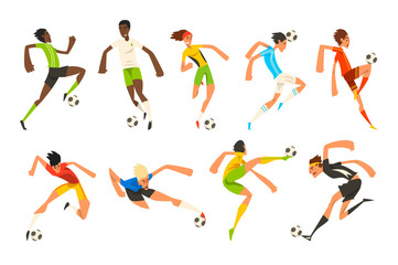 Soccer player set, football athletes playing, kicking, training and practicing vector Illustrations on a white background