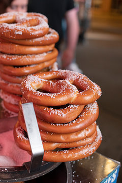 Pretzels for sale at night in Times Square, New York City