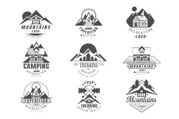 Mountain, expedition logo set, camping, trekking retro badges in monochrome style vector Illustrations on a white background