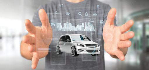Businessman holding Dashboard smartcar interface with multimedia icon and city map on a background 3d rendering